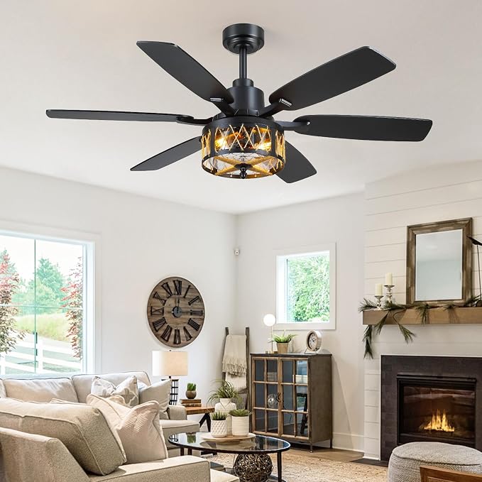 Hounberi 52" Farmhouse Ceiling Fan with Light and Remote, Black Industrial Caged Ceiling Fans with Seeded Glass & Jute Rope Shade, Reversible DC Motor, Rustic Ceiling Fan for Dining Room Bedroom