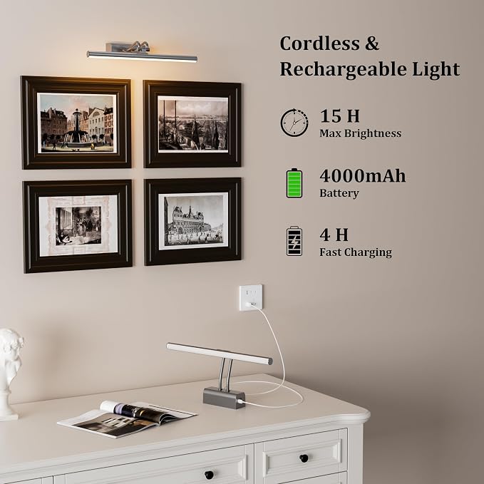Battery Operated Picture Light for Wall, 4000mAh Cordless Wall Lamp for Painting Photo Artwork , Remote Control, Magnetic for Easy to Charge,Timers, 13.8'' Display for Gallery Living Room Bedroom Grey