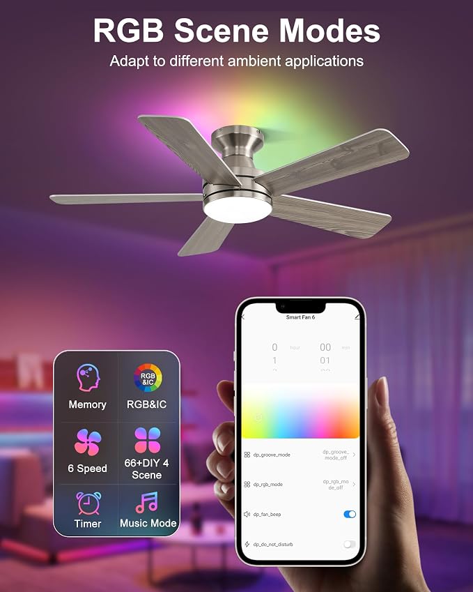 42 Inch Ceiling Fans with Lights, Smart Ceiling Fan with Alexa Google App, Nickel Ceiling Fan with RGB Lights Remote, 6 Speeds Reversible DC Motor, Modern Flush Mount for Bedroom Living Room