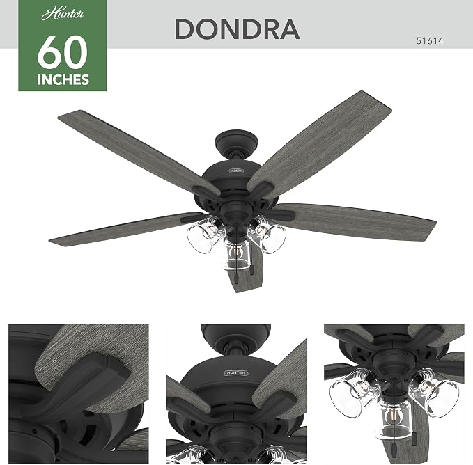 Hunter Dondra, Indoor, Ceiling Fan, with LED Lights, 60 inch, Matte Black