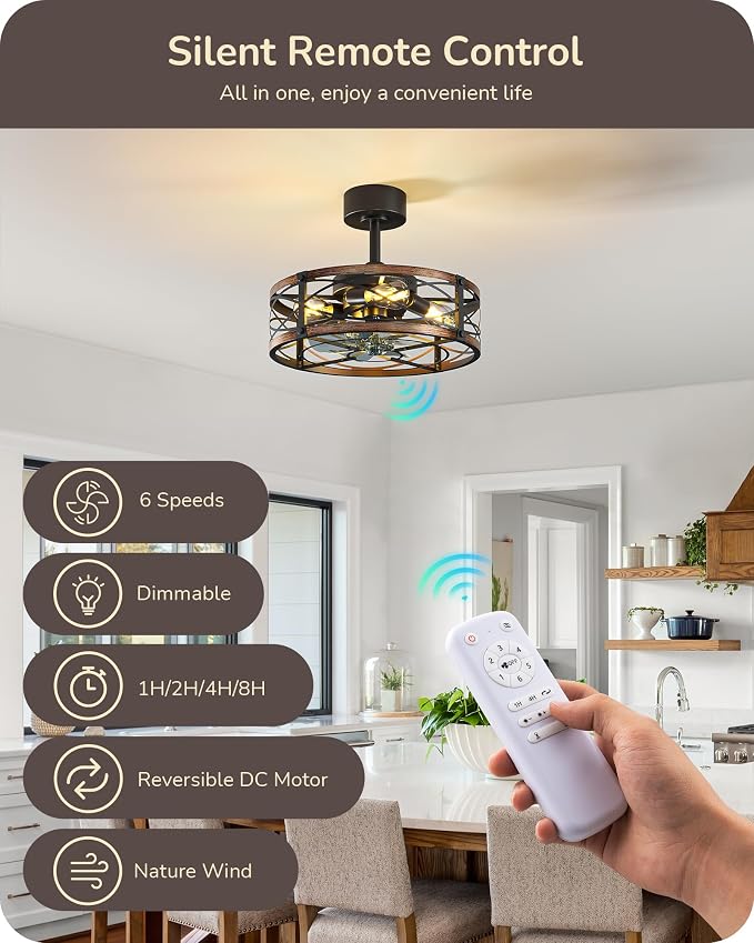 EDISHINE 20 Inch Fandelier Caged Ceiling Fans with Lights and Remote, 10%-100% Dimmable, Rustic Bladeless Ceiling Fan, Small Farmhouse Fan Lights Ceiling Fixtures for Kitchen, Bedroom-Brushed Gold