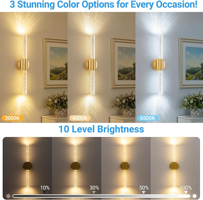 Peel and Stick on Gold Battery Operated Wall Sconces Set of 2, Rechargeable Magnetic Linear Wall Lights for Bedroom, Wireless Sconces with Remote&Touch Control, 3CCT&Dimmable Wall Lamp for Living Room