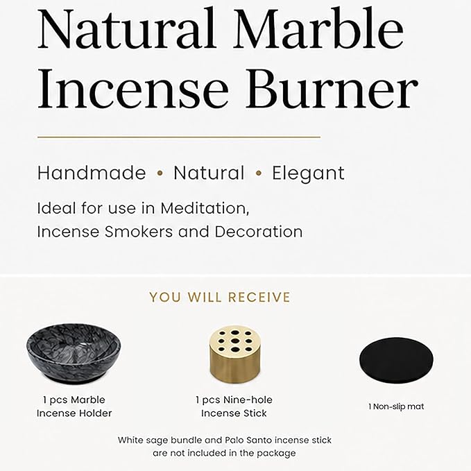 Natural Marble Incense Holder, 4.72 Incense Holder for Sticks with 9 Holes, Handmade Incense Burner for use in Meditation/Palo Santo/Sage/Cone (Black)