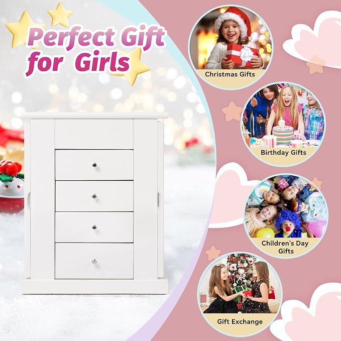 Emfogo Jewelry Box for Girls, Musical Jewelry Box with Spinning Dancer Gifts for Little Girls Christmas New Year Birthday Children's Day, 5 Layer Large Wooden Kids Music Jewelry Organizer Box(White)