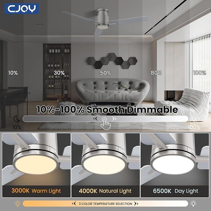 CJOY Ceiling Fan with Lights, 48 Inch Low Profile Ceiling Fans with Light and Remote, Reversible DC, Flush Mount, 3CCT，Dimmable, Modern Indoor/Outdoor Design for Bedroom, Living Room, Patio, Kitchen