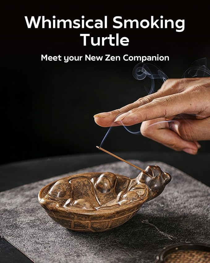 Smoking Turtle Incense Stick Holder - Funny Ceramic Incense Burner with Ash Catcher, Relaxing Desk Decor for Home & Office