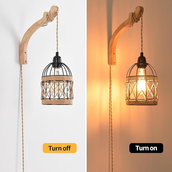 Plug in Wall Sconce,Farmhouse Wicker Wall Lamp Plug in,Hand Woven Rattan Wall Light Farmhouse Rustic Boho Sconces Wall Lighting for Living Room Bedroom