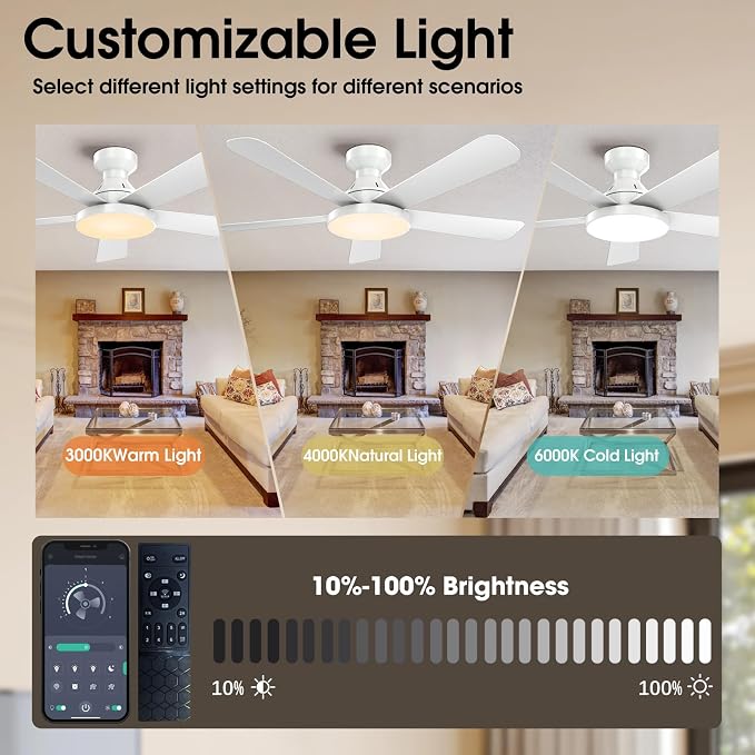 Ceiling Fans with Lights, 46" Low Profile Ceiling Fan with Light, Remote/App Control, Flush Mount Ceiling Fan for Bedroom, Indoor/Outdoor (White)