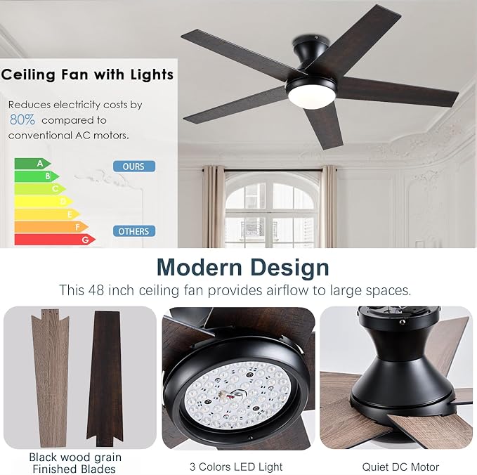 Ayaoty Ceiling Fans with Lights, 52" Low Profile Indoor Ceiling Fan with Light and Remote Control, Dimmable, Noiseless, Reversible, Brown Ceiling Fan for Bedroom, Indoor/Outdoor Use