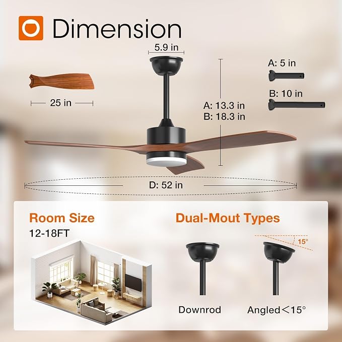 addlon 52 inch Ceiling Fans with Lights and Remote Control, Reversible, 3 Wood Blades, 6 Speeds, 3CCT Dimmable, Noiseless, Indoor/Outdoor Black Walnut Ceiling Fan for Bedroom Living Room Gazebo Patio