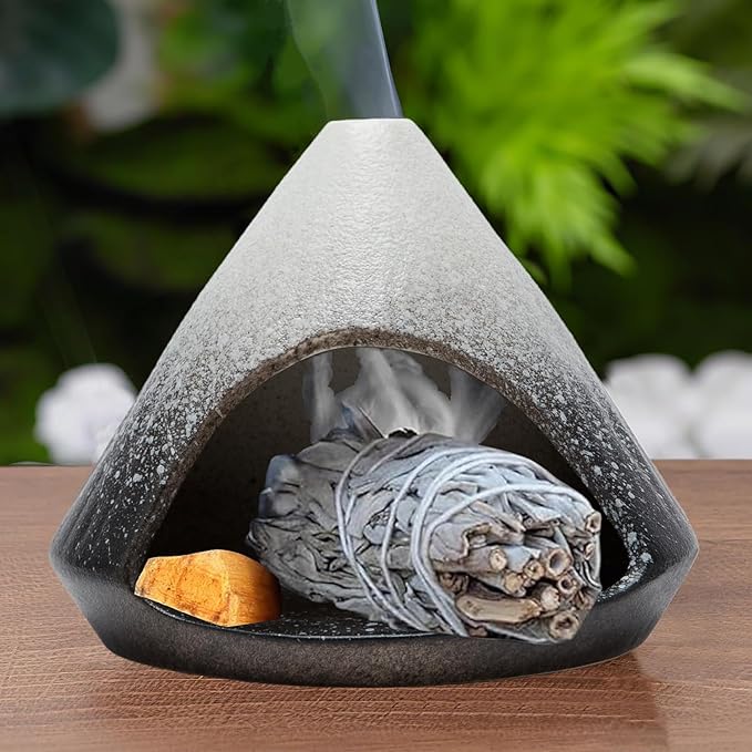 Palo Santo Holder, Mini Ceramic Zongzi Chimenea for Sage/Sticks/Cone, Modern Incense Burner for Yoga, Meditation, Energy Cleansing-Smudge Bowl with Ash Catcher, Anxiety Relief Gift to Women