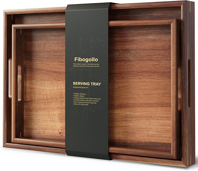 Fibogollo Set of 2 Acacia Wood Serving Tray with Handles,Decorative Trays Platter,Breakfast Tray in Bed,Food Drinks Tray for Eating,Working,Storing(Brown)