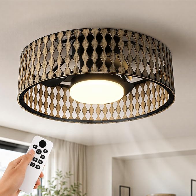 Low Profile Ceiling Fan With Lights,Ceiling Fans with Lights and Remote | Farmhouse fandelier with dimmable LED,Bobo Flush Mount Ceiling Fan for bedroom kitchen hallway dining room 20inch