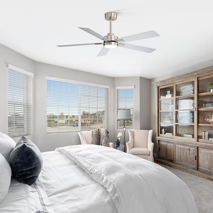 Ceiling Fans with LED Lights, 52 Inch 5-Blade Ceiling Fan Remote Control, Industrial Ceiling Fan with Reversible DC Motor, Downrod Mount LED Ceiling Light Chandelier for Bedroom (Satin Nickel)