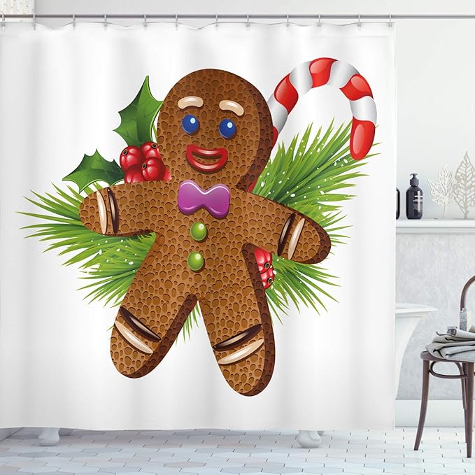 Ambesonne Gingerbread Man Shower Curtain, Tasty Pastry on Coniferous Branches Candy Cane and Holly Berry, Cloth Fabric Bathroom Decor Set with Hooks, 69" W x 75" L, Brown Green