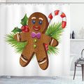 Ambesonne Gingerbread Man Shower Curtain, Tasty Pastry on Coniferous Branches Candy Cane and Holly Berry, Cloth Fabric Bathroom Decor Set with Hooks, 69" W x 75" L, Brown Green