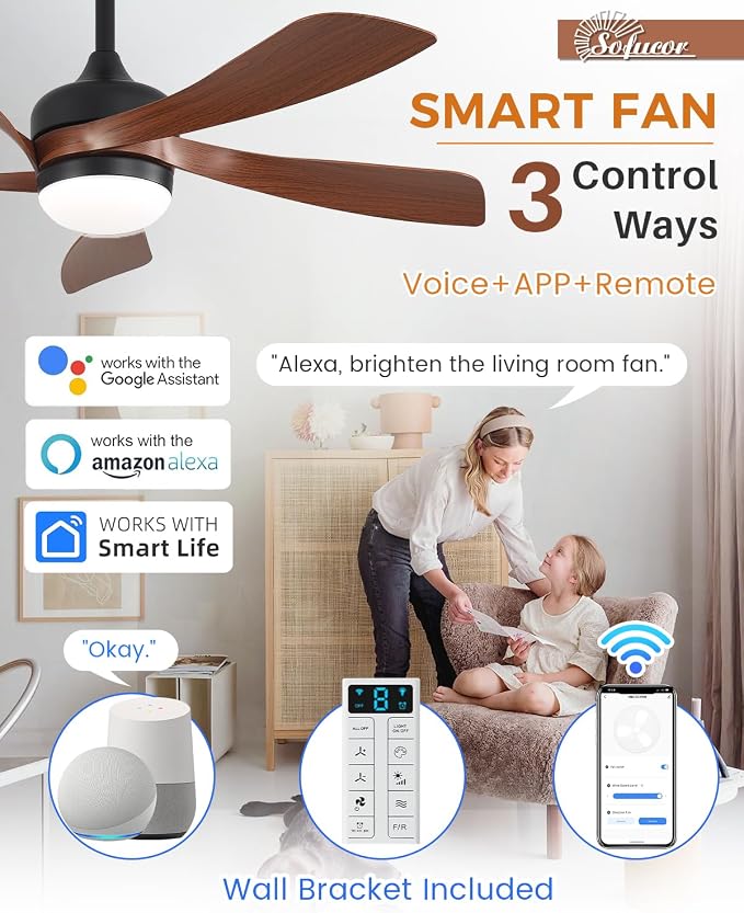 Sofucor 42" Smart Ceiling Fan, Indoor/Outdoor Ceiling Fans with Lights and Remote, Compatible with Alexa/Google/App, 3-Color Light 6-Speed Timing Reversible DC Motor for Bedroom Living Room Patio