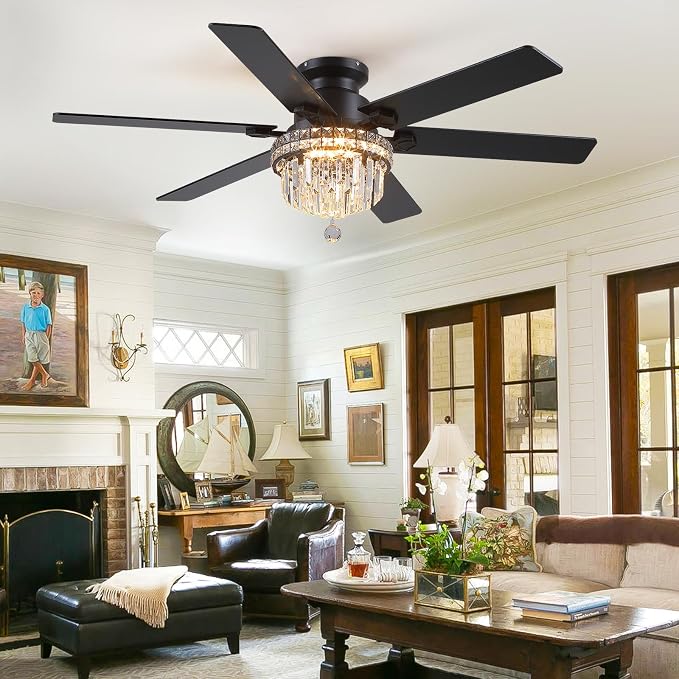 Asyko 52" Low Profile Crystal Ceiling Fans with LED Lights and Remote/APP | Supports Remote and APP,Reversible 6 Wind Speeds,30W Quiet DC Motor,6 Wood Blades,Dimmable 30W LED,Suits for Bedroom Kitchen