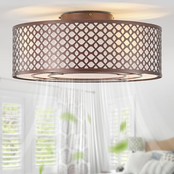 20" Brown Ceiling Fan with Light Flush Mount, Caged Farmhouse Ceiling Fans with Lights Remote Control, Round with 6 Speeds for Bedroom, Nursery, Living Room