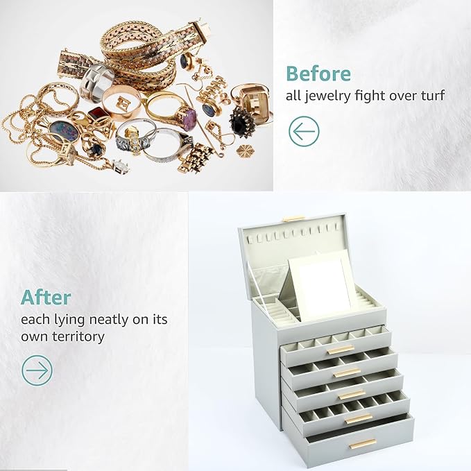 BOOVO Jewelry Boxes for Women, White and Black 6 Layer Large Jewelry Box for Necklace, Bracelet, Earrings, Rings Storage, Jewelry holder Organizer for Girls Gift (Grey and Gold, 6 layer)