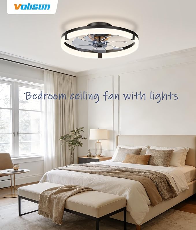 VOLISUN Low Profile Ceiling Fans with Lights and Remote, 20in Flush Mount Ceiling Fans with Light, 3000K-6500K Dimmable Fandelier Ceiling Fan, Black Bladeless Ceiling Fan for Bedroom