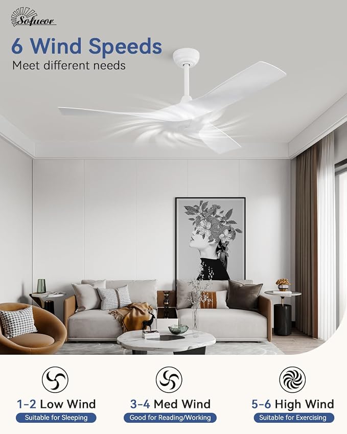 Sofucor 52 Inch Smart Ceiling Fan No Light, Modern Ceiling Fan with 3 Plastic Blades, Compatible with Alexa/Google/App, 6 Speeds 4500CFM, Timer Quiet Reversible DC Motor, ETL/FCC