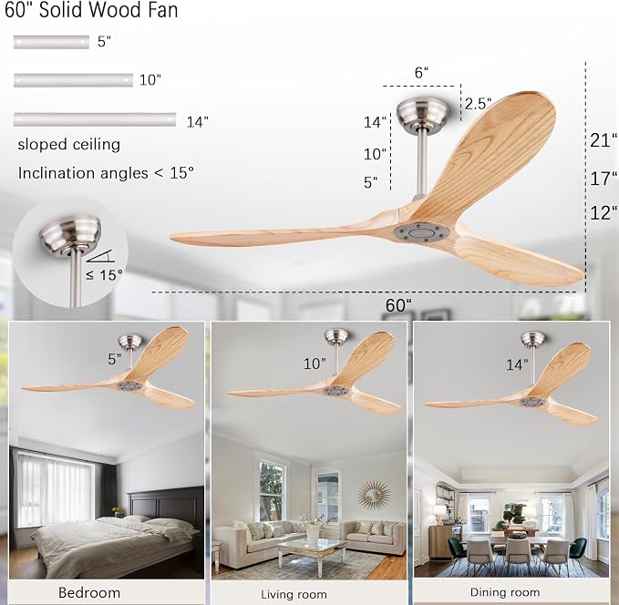 QUTWOB 60" 3-Blade Wood Ceiling Fan No Light with Remote, Indoor Outdoor | solid raw wood blades, quiet dc inverter motor, 6-speed reversible remote, no light, for indoor outdoor patio garage