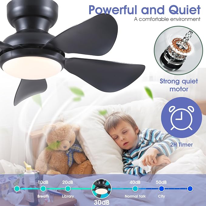 Kviflon 32 Inch Modern Ceiling Fans with Lights, Small Flush Mount Ceiling Fan with Light Remote Control, 5 Reversible 6 Speeds Curved Blades, 3 CCT Dimmable Lights for Kids Room Bedroom, Black