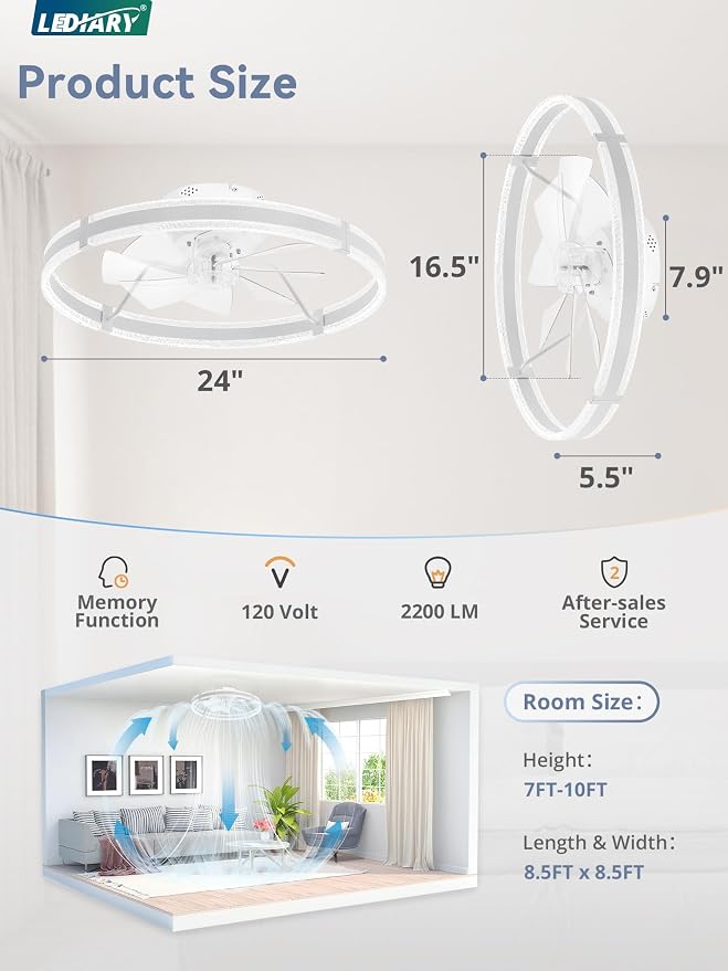 LEDIARY Ceiling Fans with Lights and Remote, 24'' Low Profile Ceiling Fan with Light, 3000-6000K Dimmable Fandelier Ceiling Fans, Modern Flush Mount Fan Light for Bedroom with 6 Wind Speeds- White