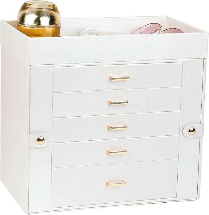 BOOVO Large Jewelry Boxes For Women (Pearl White, 6 Layer) | 6 Layers Jewelry Organizer Box With Cosmetic Storage Drawer, Necklace Ring Jewelry Organizer Box