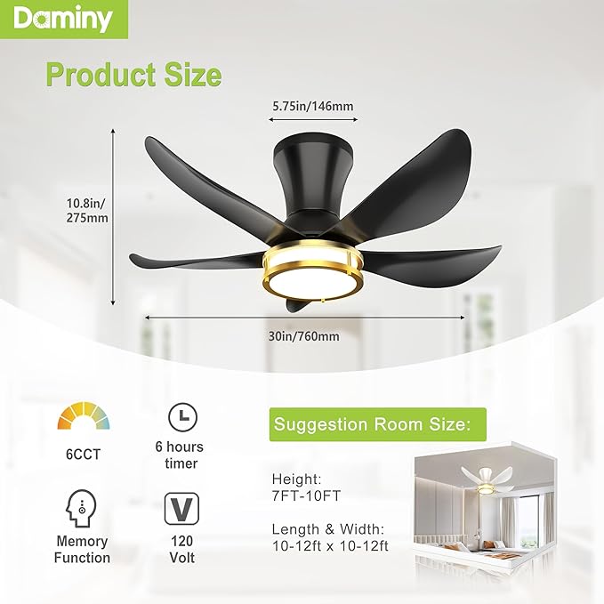 DAMINY 30 Inch Black and Gold 5 Blade Ceiling Fan with Light, Modern Ceiling Fan with Remote,Large Airflow,Flush Mount,6CCT,Dimmable,Noiseless,Bedroom