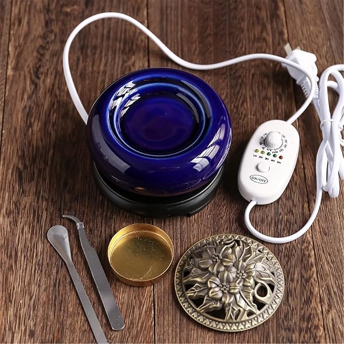 Electric Resin Burner with Timer, Ceramic Electric Incense Burner, Burner Censer 110V for Home Porch, Patio, Garden, Office, Yoga, Living Room, Meditation Room (Blue)