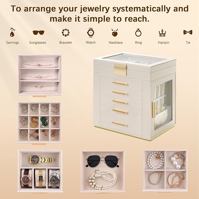 Homeanda 6-Layer Jewelry Boxes for Women, Large PU Leather Storage Organizer with 5 Drawers Glass Lid Case for Rings Necklaces Earrings Bracelets Watches, Gift for Wife and Girls (Beidge)