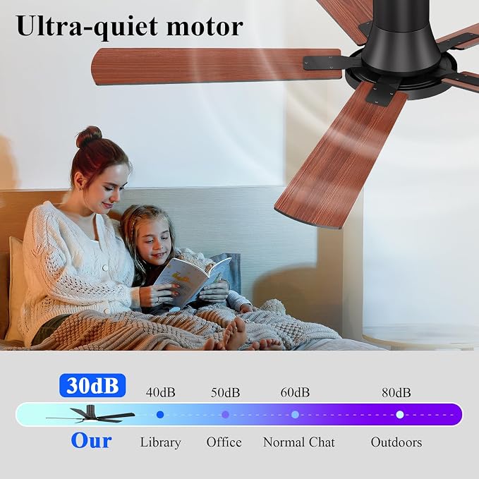 SNJ 60 Inch Black Ceiling Fans with Lights and Remote,Flush Mount Low Profile 5 Blades Ceiling Fan,Dimmable Quiet Reversible DC Motor for,Living Room,Bedroom and Patio