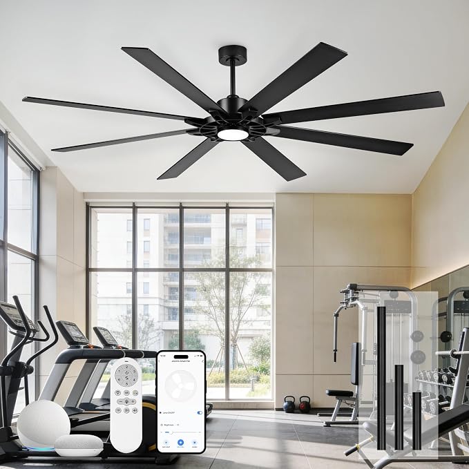84 Inch Ceiling Fan,Large Indoor Outdoor Ceiling Fan for High Ceilings,Covered Patio & Garage,Smart Ceiling Fan Compatible with Alexa,Black Ceiling Fan with Dual Finish 8 Blades, ZCCF05BK-84