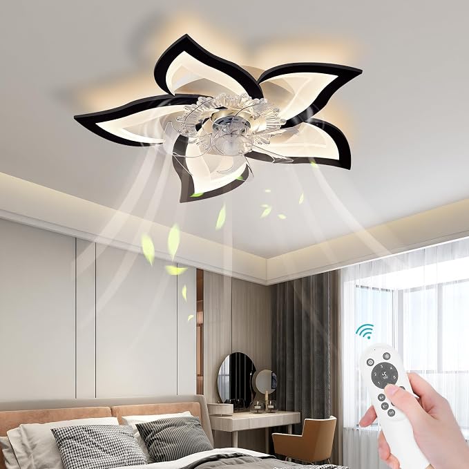 Bevenus Low Profile Ceiling Fans with Lights,27.2” Black Modern Dimmable Flower Shape Ceiling Light Fan with Remote Control/app Control,Timing 6 Gear Speeds Fan Ceiling Lamp.