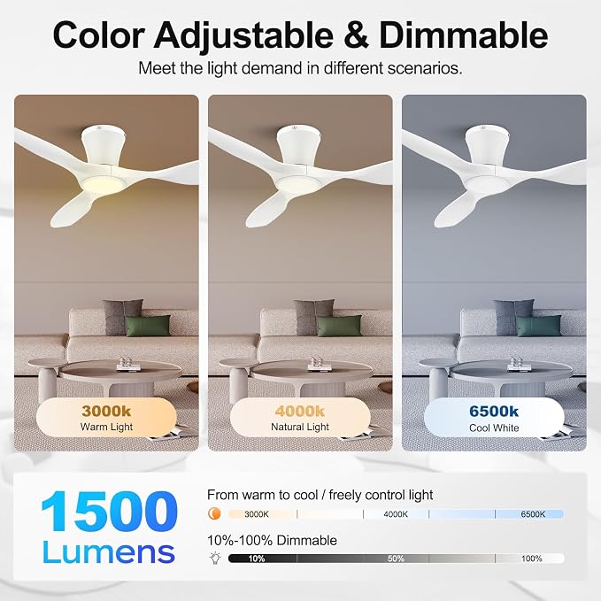 ocioc 42 inch Ceiling Fans with Lights and Remote, Dimmable Ceiling Fans with Reversible Quiet DC Motor, Flush Mount, 3CCT, White Ceiling Fan for Bedroom Living Room Indoor/Outdoor