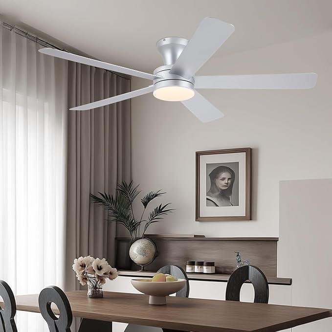 Ayaoty 46" Ceiling Fans with Lights and Remote - Flush Mount Ceiling Fan Light with ABS Blades and 3CCT Dimmable, Reversible, Low Profile Fan Light for Indoor Modern Bedroom, Kitchen Silver