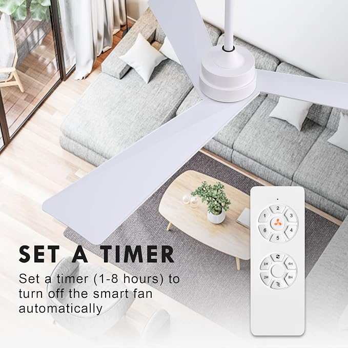 WINGBO 52" DC Ceiling Fan without Lights, White Ceiling Fan with Remote, 3 ABS Plastic Blades, 6 Speed Reversible DC Motor, Ceiling Fans No Light for Kitchen Bedroom Living Room