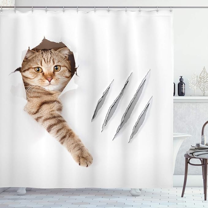 Ambesonne Animal Shower Curtain, Funny Cat in Hole with Claw Scratches Playful Kitten Pet Picture, Cloth Fabric Bathroom Decor Set with Hooks, 69" W x 84" L, White Brown