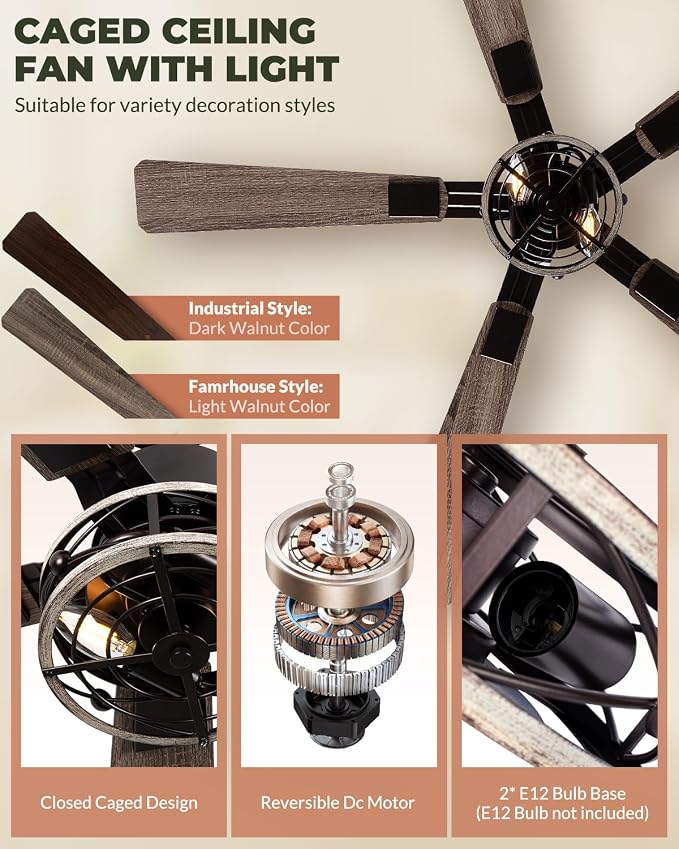 52 Inch Ceiling Fans with Lights, Remote Control Farmhouse Caged Flush Mount Ceiling Fans 2 Pack, 6-Speed Quiet and Reversible DC Motor Ceiling Light Fixtures for Bedroom, Living Room, Walnut