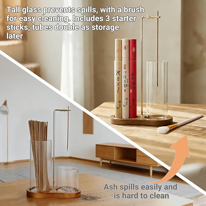 Glass Incense Holder with ash Catcher Upside Down Incense Sticks Burner Holder 2 in 1 Incense Sticks Holder for Meditation Yoga Spa Room Decor(Brown)