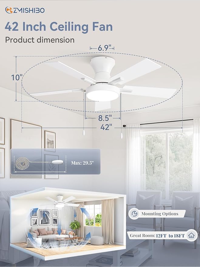 ZMISHIBO Ceiling Fans with Lights, Low Profile Ceiling Fan with Pull Chain and Remote Control, Flush Mount, Reversible, Dimmable, Noiseless, White Pull Cord Ceiling Fan for Bedroom(42inch White)