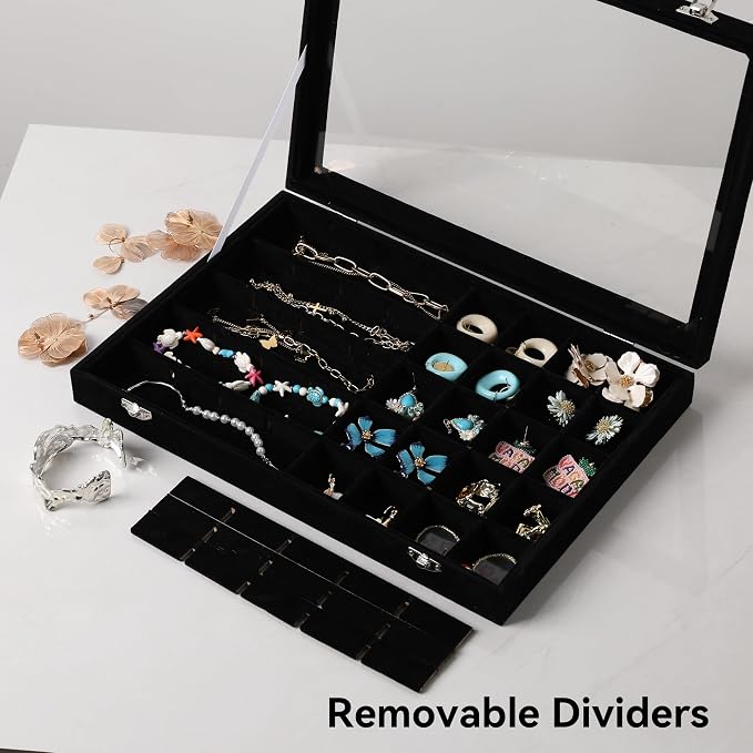 Frebeauty 40 Grid Earring Organizer,Velvet Jewelry Tray with Clear Lid | Drawer Jewelry Organizer for Rings Studs Beads,Adjustable Dividers,Dustproof,Earring Storage,Trinket Box,13.8×9.5Inches
