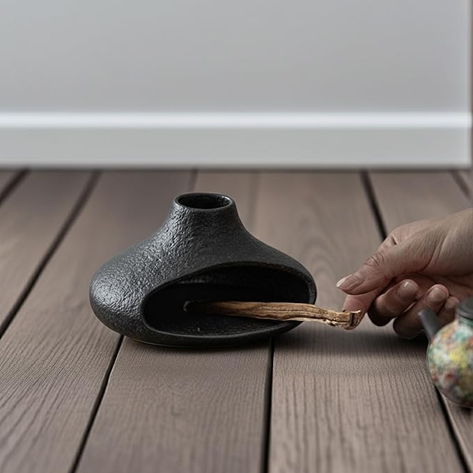 Holder Incense Burner-Mini Ceramic Fireplace,Handmade Smudge,with Chimney,for Sage,Palo Santo,Aromatic Ash Tray for Home Decor, Anxiety Relief & Valentine's Day Meditation Gifts for Women (Black)