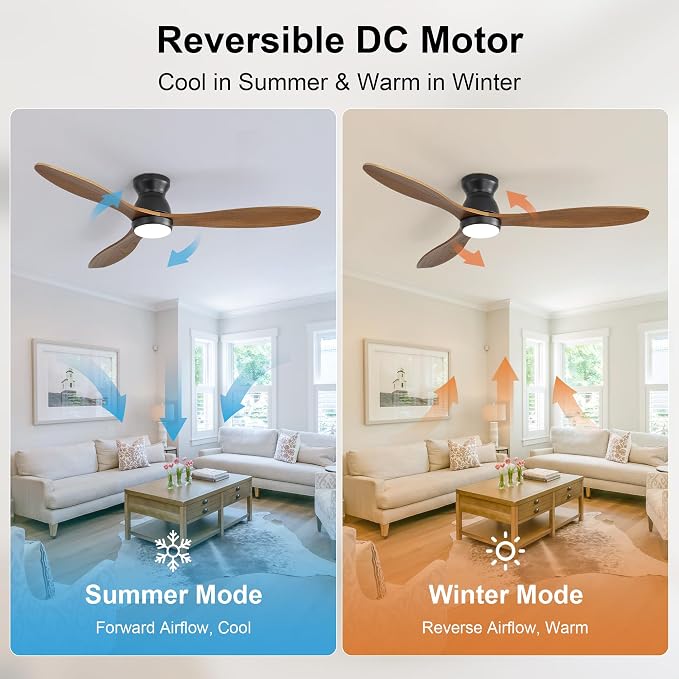 52 Inch Ceiling Fan with Light and Remote & APP Control, 3 Wooden Blades, 6 Wind Speeds, Quiet DC Motor, Indoor Flush Mount Ceiling Fan for Bedroom Living Room Farmhouse Patio