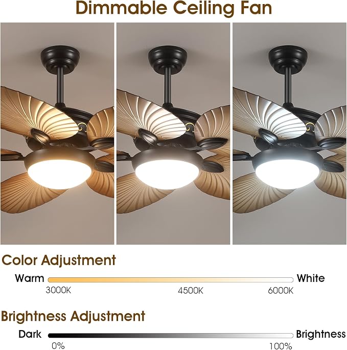 Wiviniya 52 Inch Tropical Ceiling Fans with Lights, Palm Leaf Outdoor Ceiling Fan with Light for Patios Porch Bedroom, Remote/APP Control, Reversible Quiet DC Motor, Dimmable LED, Wood Grain