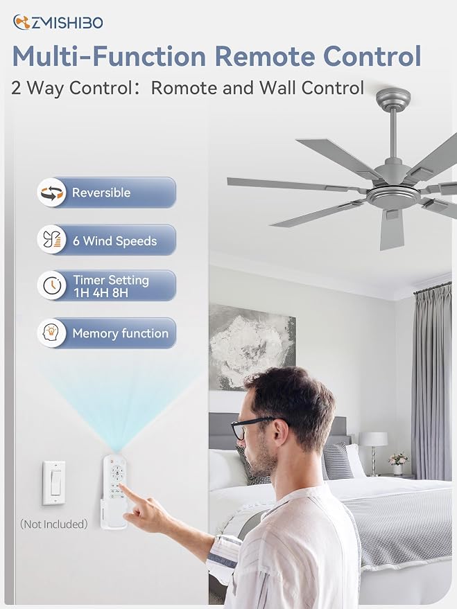ZMISHIBO 52“ Ceiling Fans No Light with Remote, Silver Modern Ceiling Fan Without Light, Quiet Reversible DC Motor, 6 Speeds, 7 Blades Indoor/Outdoor Ceiling Fan for Living Room Bedroom Patio Garage