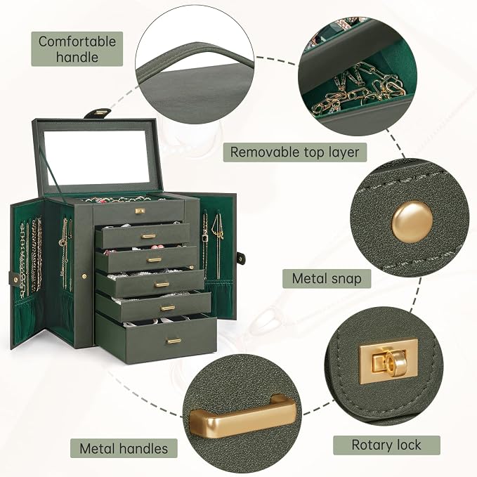 AKOZLIN 6-Tier Jewelry Box Organizer Functional 5 Drawers Leather Jewelry Storage Case for Women Girls Ring Necklace Earring Bracelet Holder Organizer with Mirror Extra Large Darkgreen