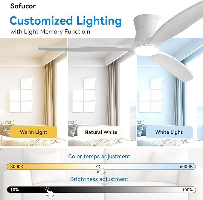Sofucor 52" Smart Ceiling Fan, Solid Wood Ceiling Fan with Lights and Remote, Flush Mount Ceiling Fan Works with Alexa/Google/App, Dimmable 6-Speed Timing Reversible DC Motor for Bedroom Living Room